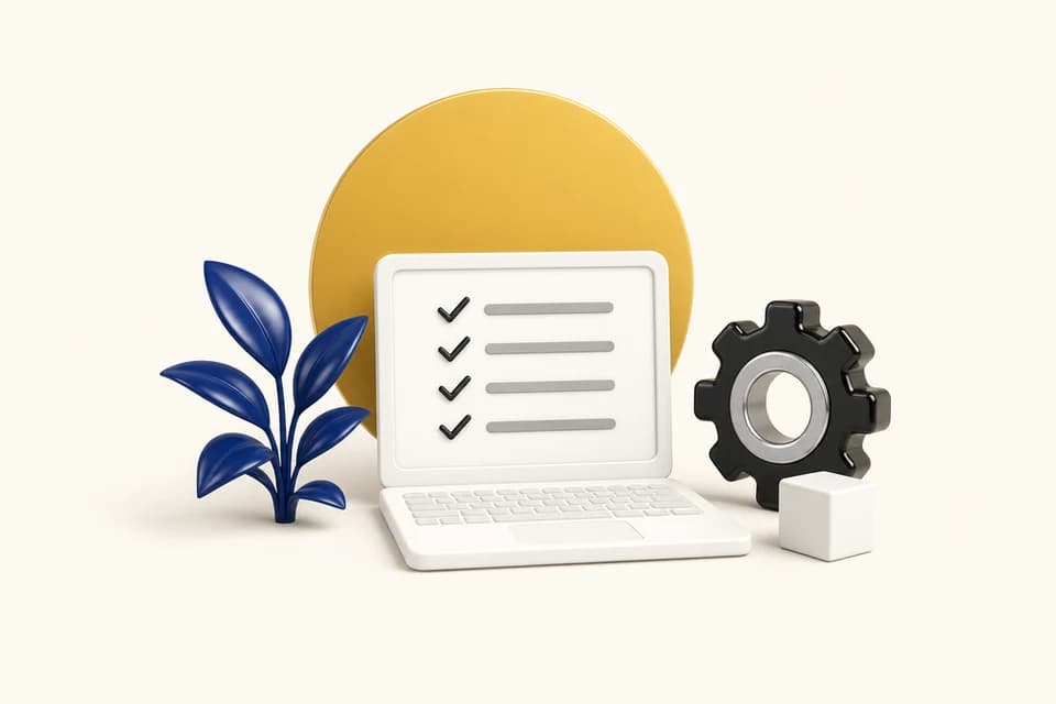 Laptop en 3D con una lista de pendientes resueltos, un engrane y una planta azul