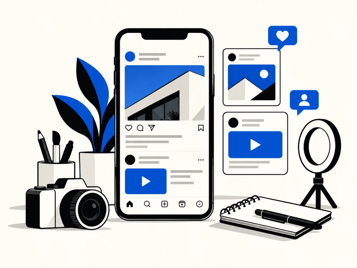 Ilustración de un celular con publicaciones, cámara y aro de luz