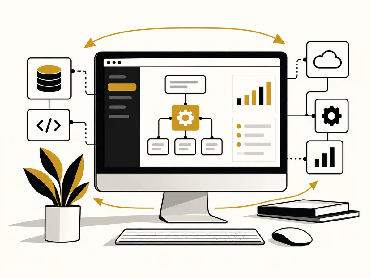 Ilustración de un sistema conectado a base de datos, nube y reportes