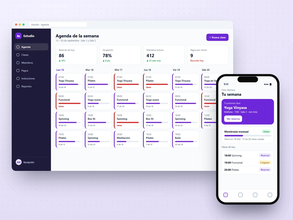 Agenda semanal de clases con ocupación en computadora y app de reservas para miembros en celular