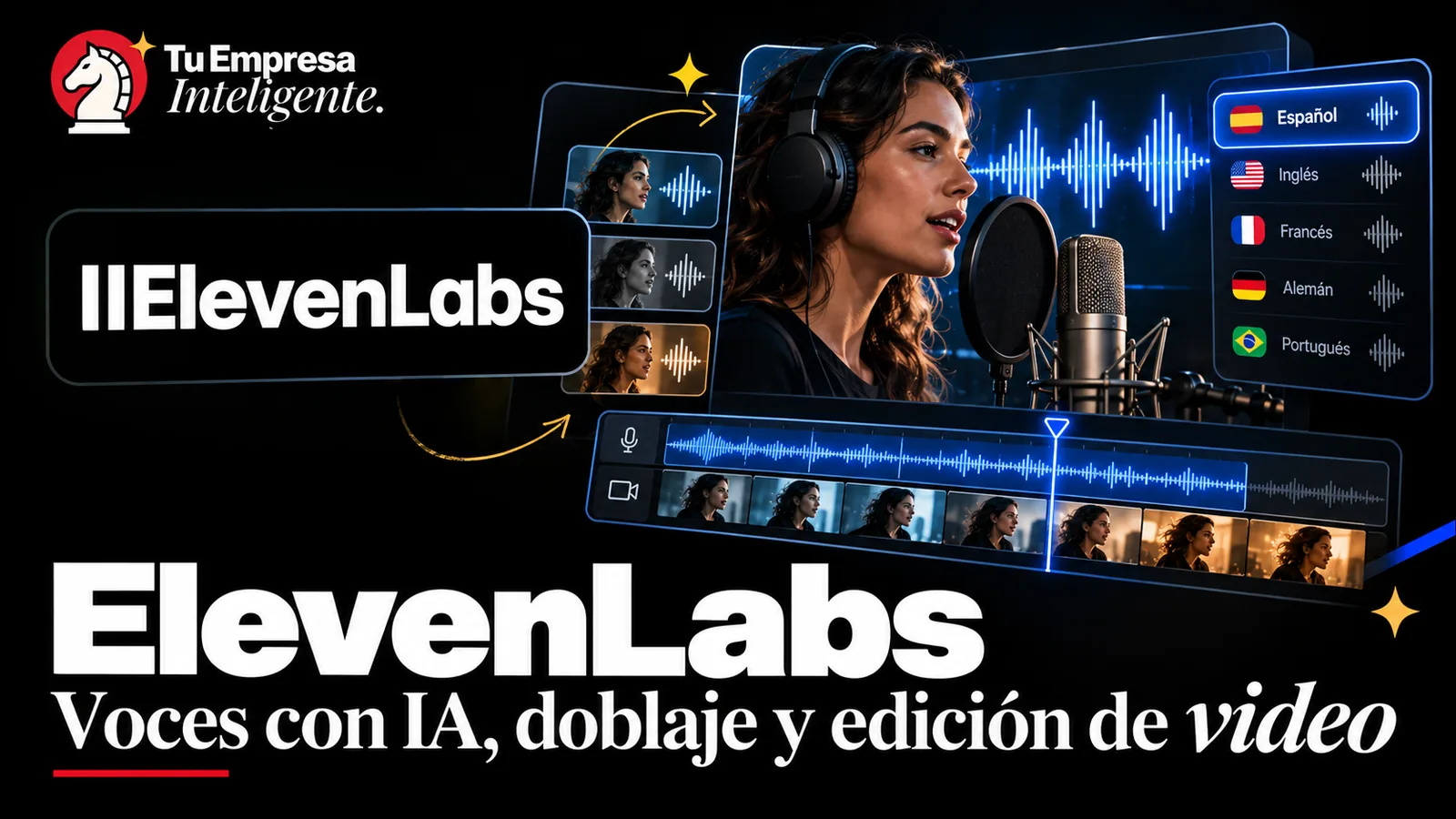 Logotipo de ElevenLabs, una mujer grabando frente a un micrófono y la lista de idiomas para doblaje