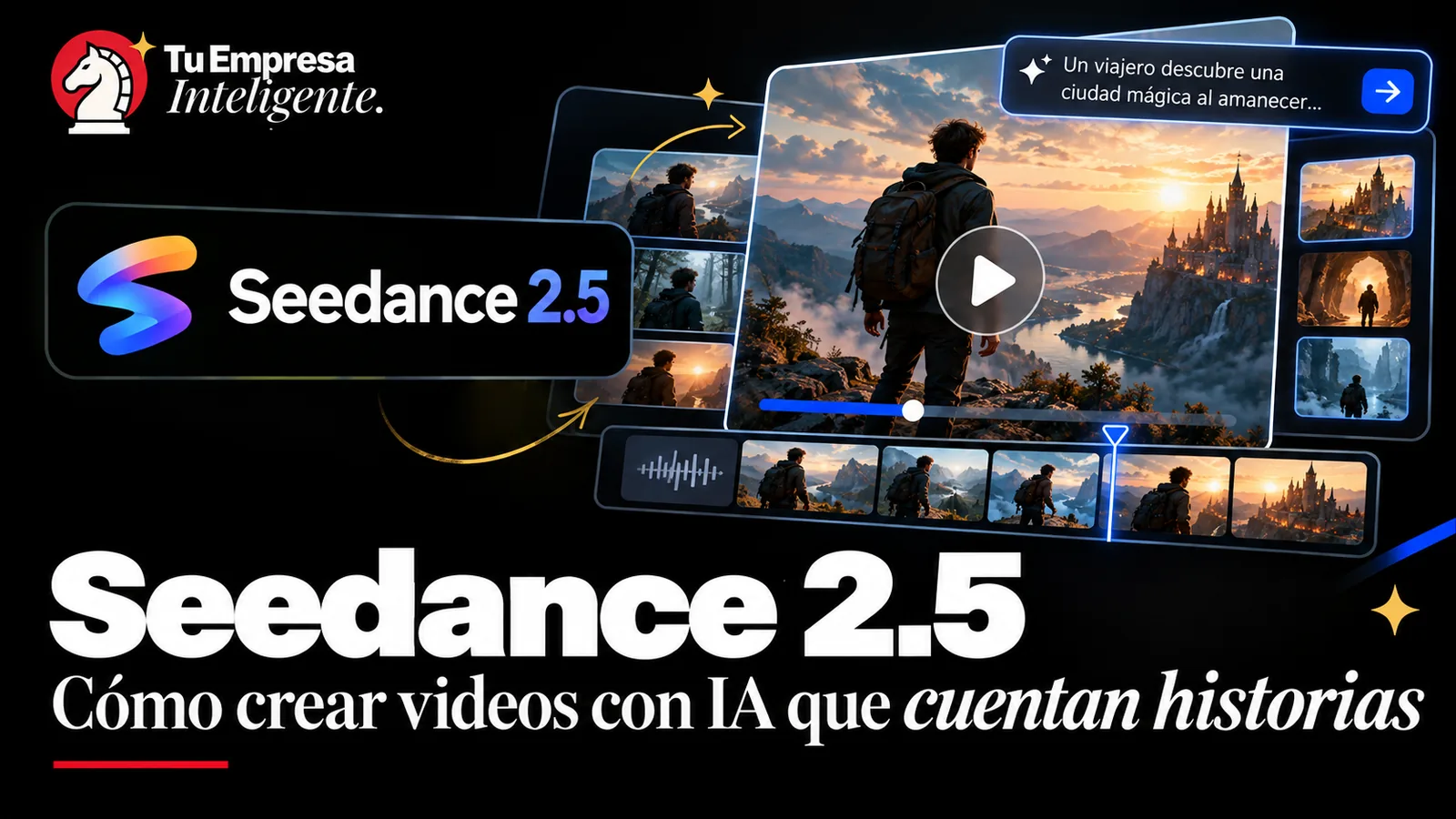 Logotipo de Seedance 2.5 junto a un editor de video con un viajero frente a un castillo al amanecer