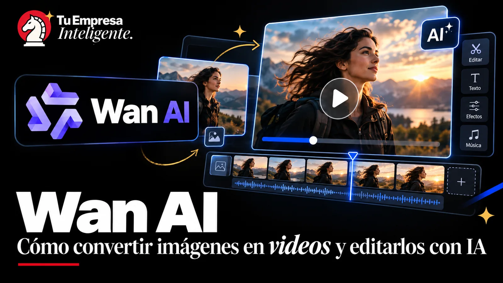 Logotipo de Wan AI junto a un editor de video con la toma de una mujer al atardecer y su línea de tiempo