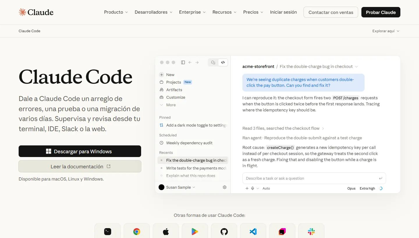 Página oficial de Claude Code de Anthropic con un ejemplo de conversación en la aplicación