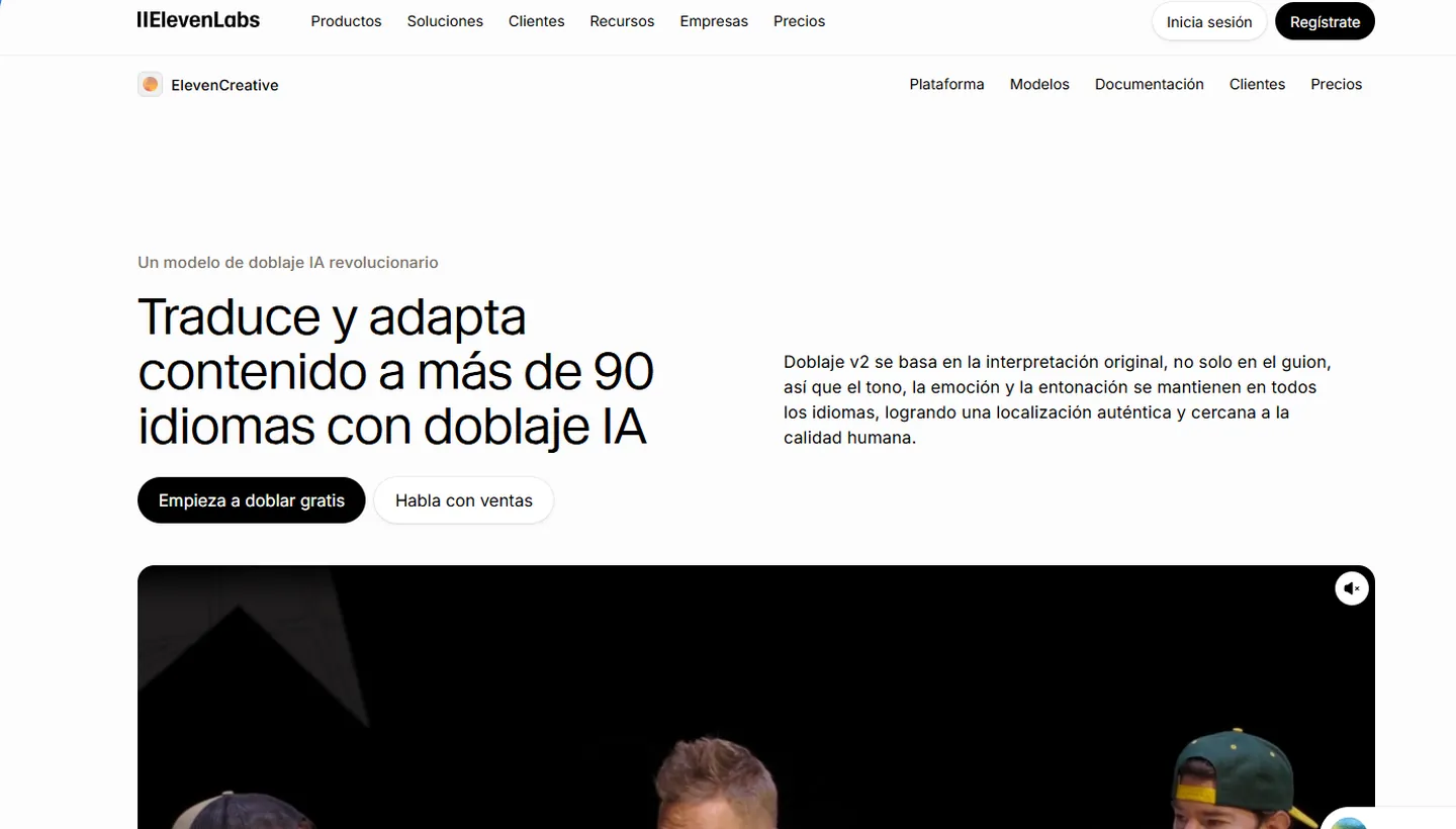 Página de doblaje de ElevenLabs que anuncia más de 90 idiomas