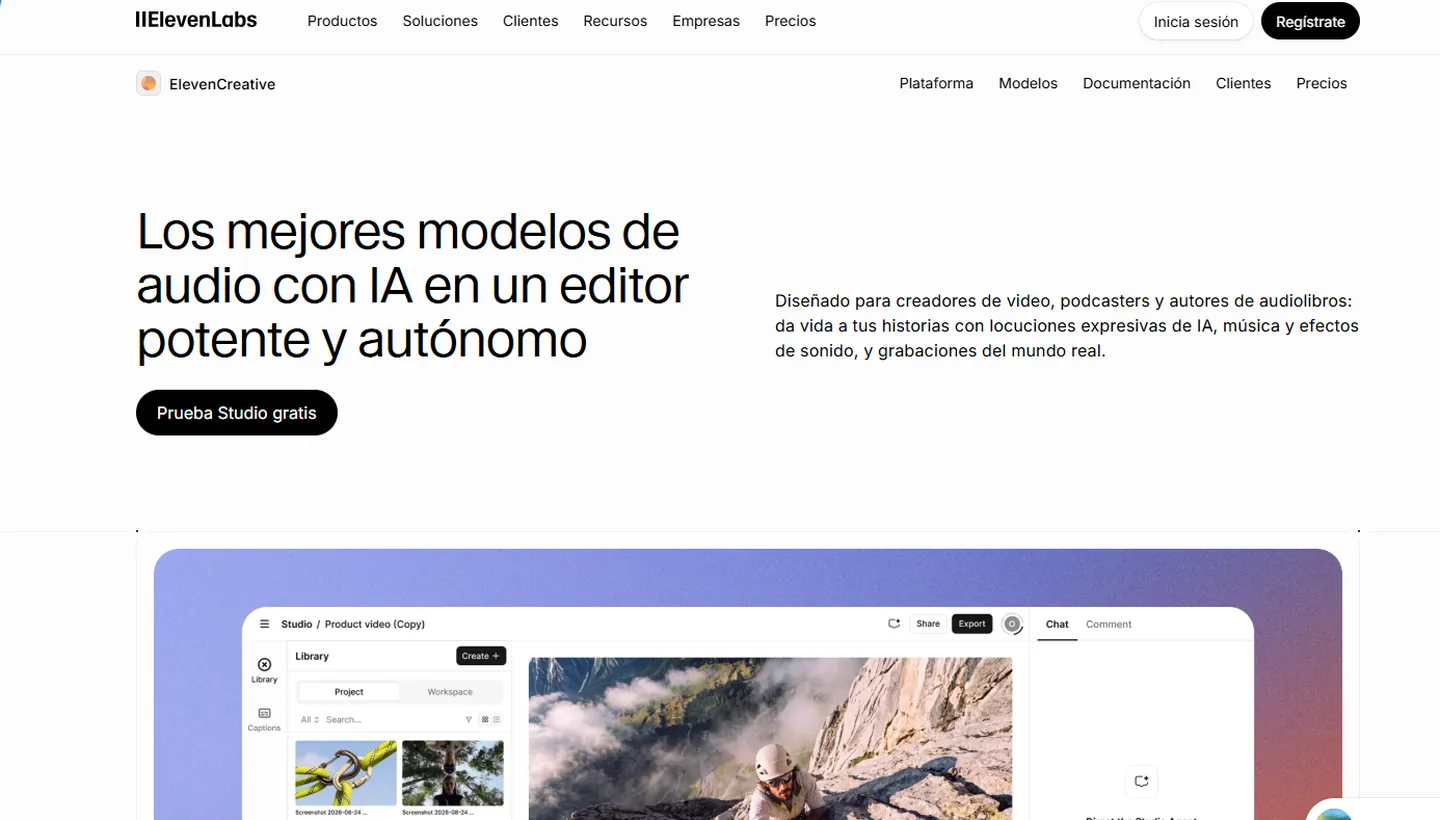 Página de ElevenLabs Studio 4.0 con una vista del editor de audio y video