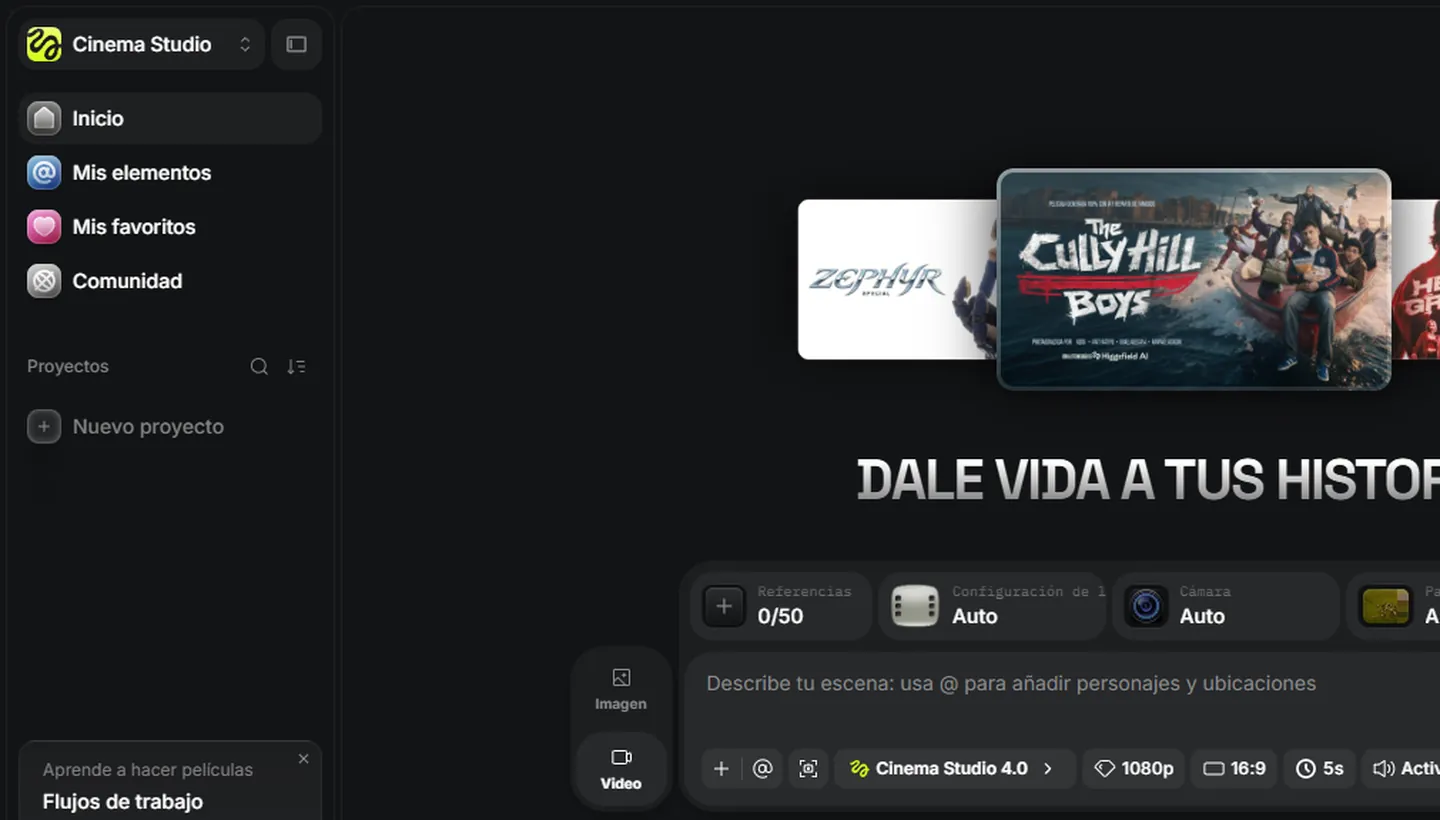 Interfaz de Cinema Studio 4.0 de Higgsfield con referencias, cámara, resolución, formato y duración