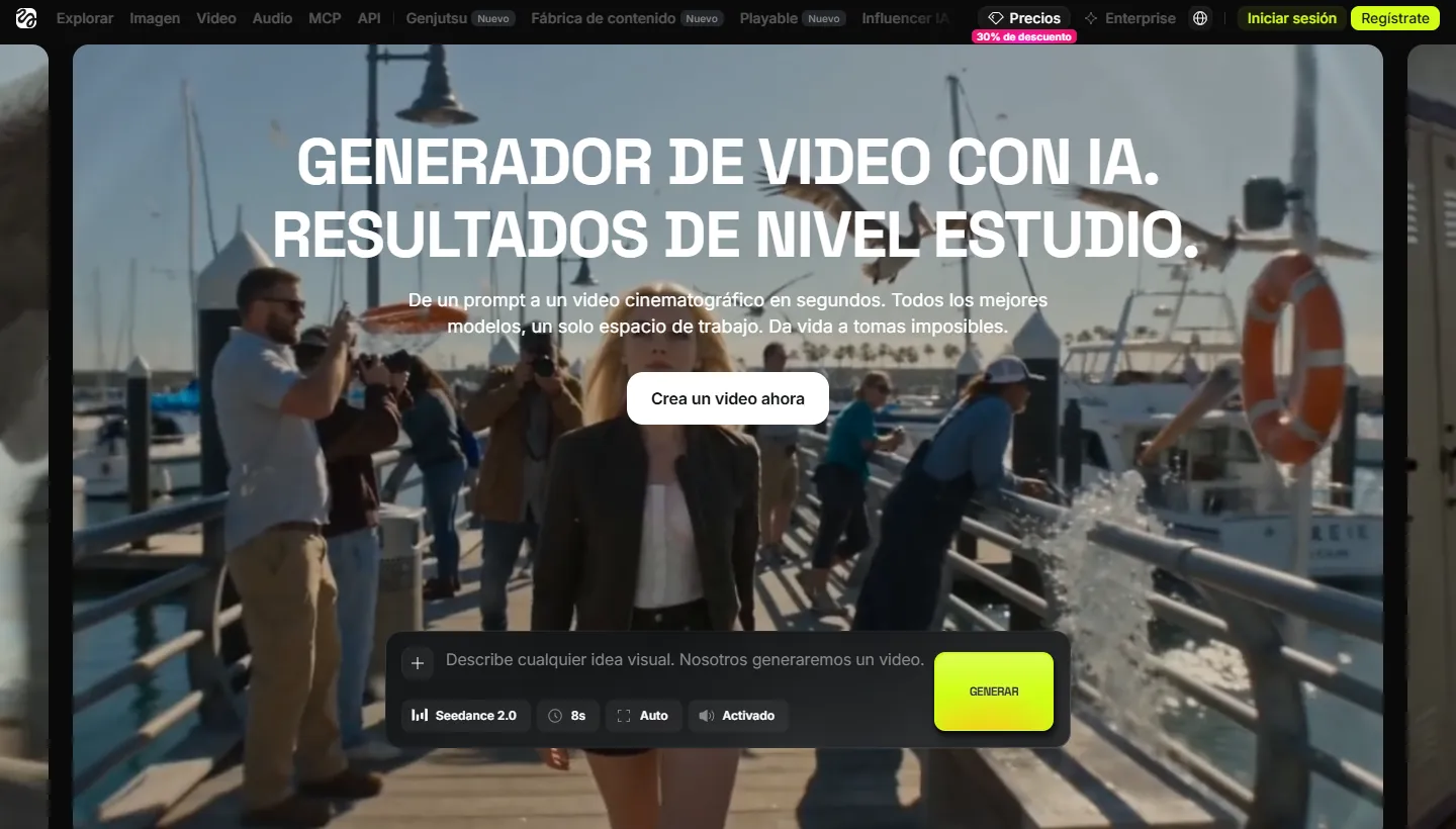 Página del generador de video con IA de Higgsfield, con el campo para describir la idea y elegir el modelo