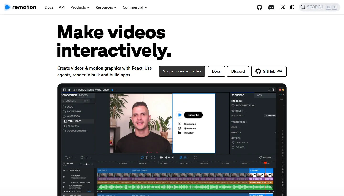 Sitio oficial de Remotion con su editor de video, línea de tiempo y propiedades